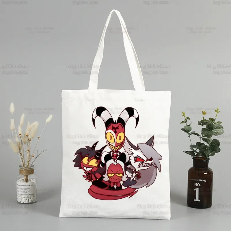 Helluva Boss Women Canvas Tote Bag Eco Shopping Bag Large Shoulder Bag Women Foldable Harajuku Comedy Cartoon Shopper Bag