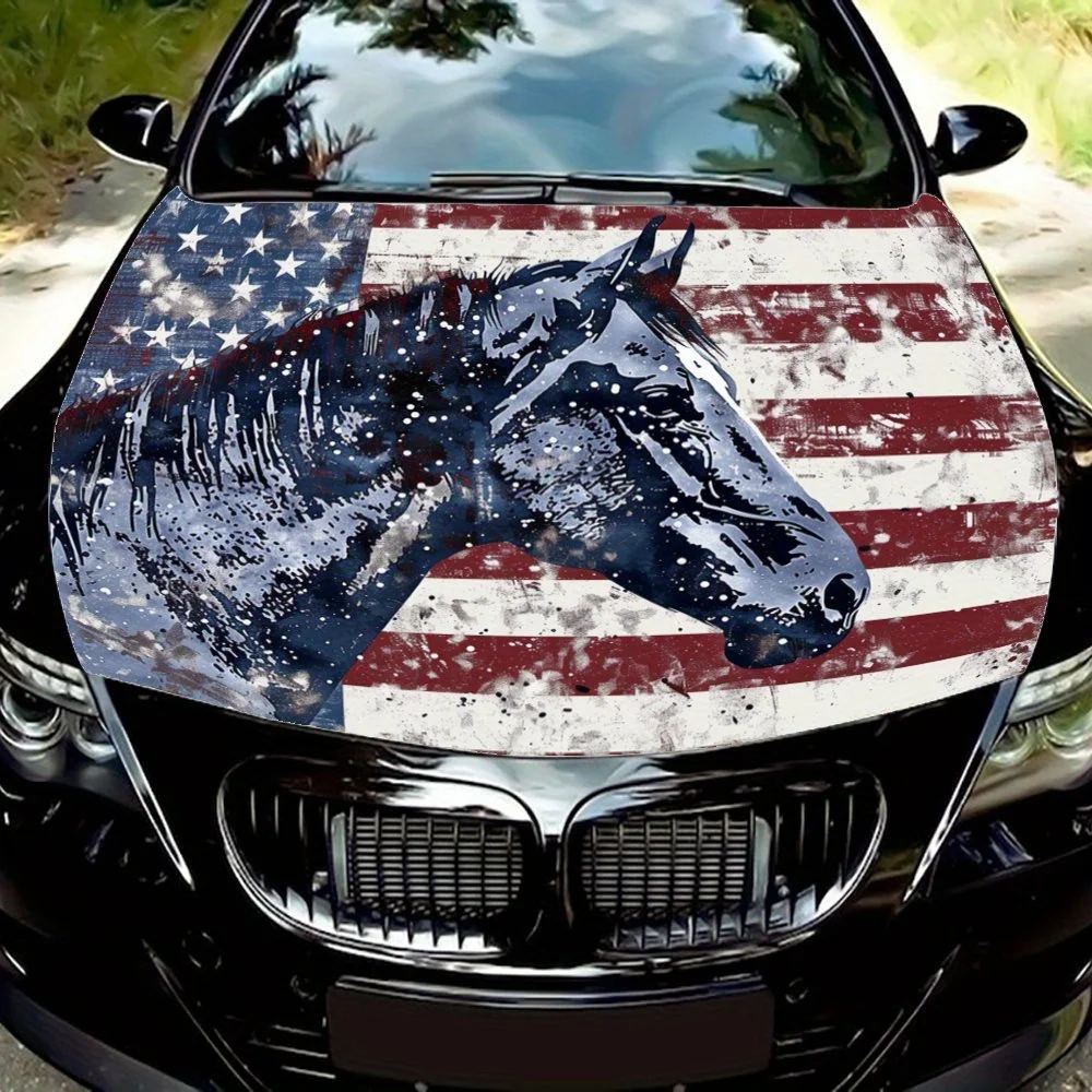 

Flag-Woven Stallion: Unbridled Postures in Star-Spangled Patterns; Car Vinyl Wraps, Engine Hood Graphics, Quality Stick for Engi
