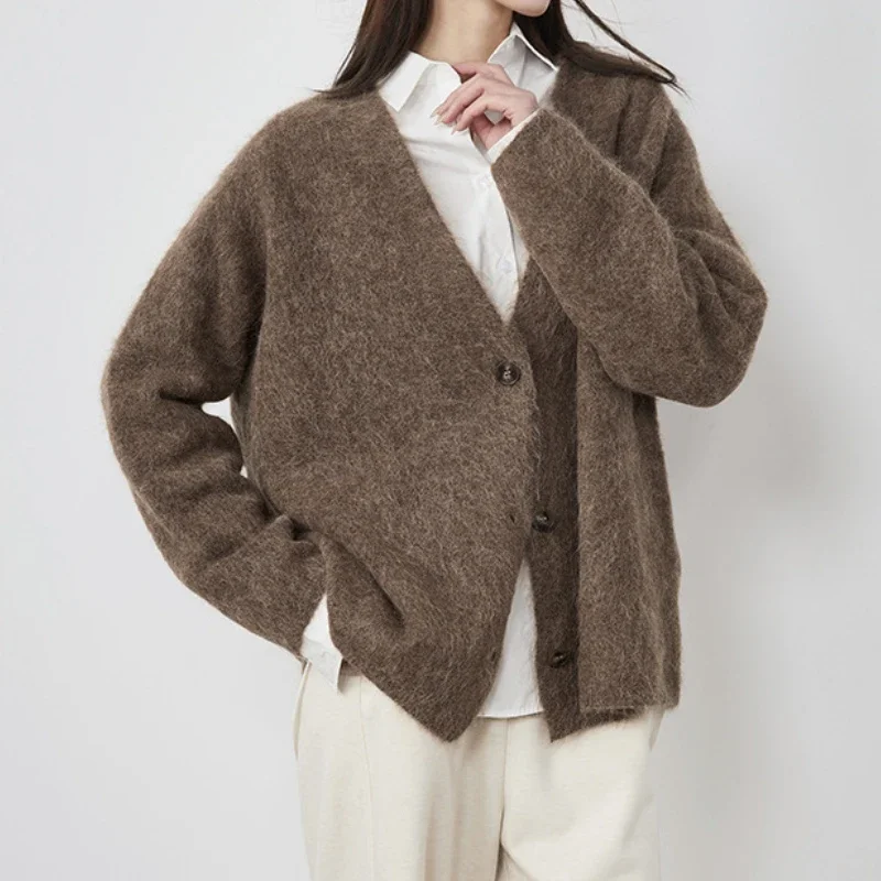 Women 2024 Autumn and Winter Thickened Maillard Simple Alpaca Blended Long Hair Knitted Cardigan