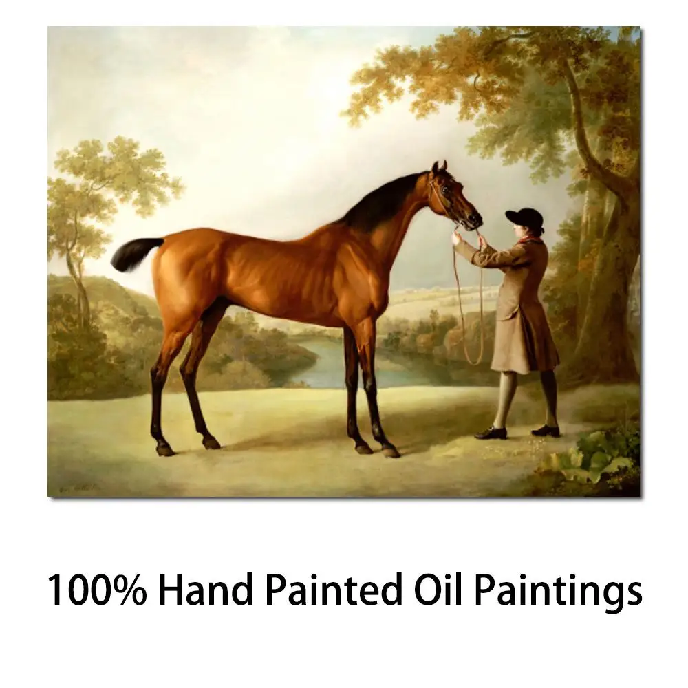 

Classic Landscape Oil Painting Tristram Shandy Bay Racehorse Held by Groom in An Extensive George Stubbs Handmade High Quality