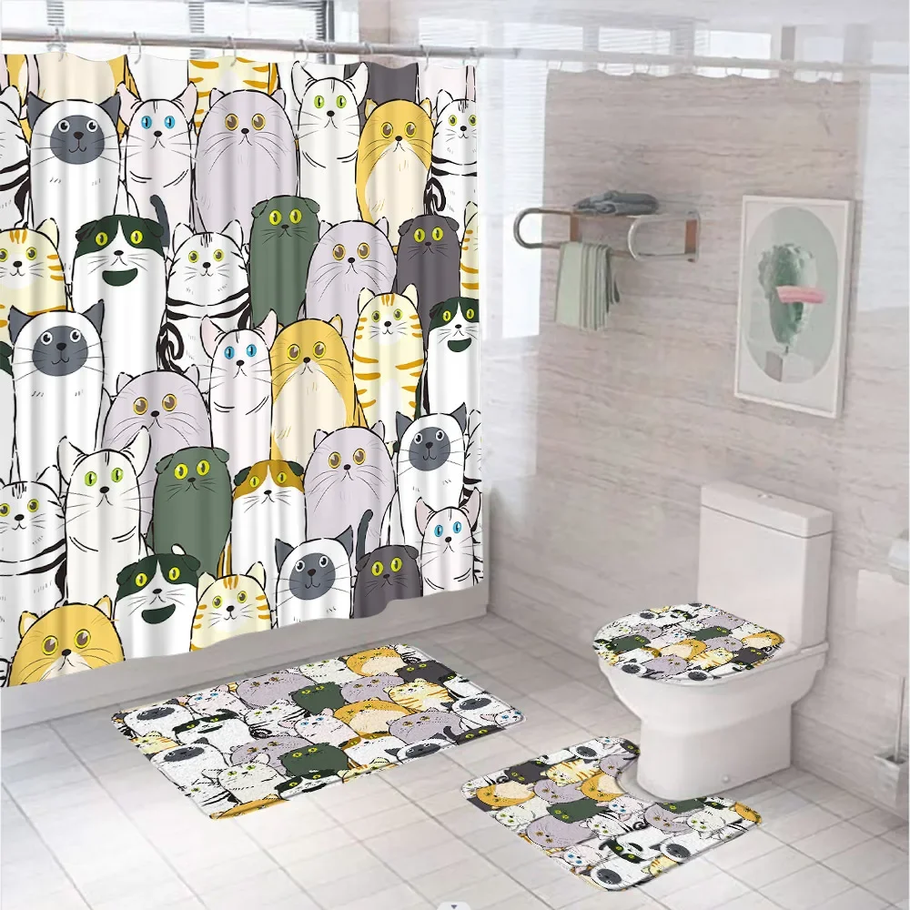 Cute Cat Shower Curtain Set with Non-Slip Rug Toilet Lid Cover Bath Mat Cartoon Lovely Animal Fabric Kids Bathroom Curtains Home