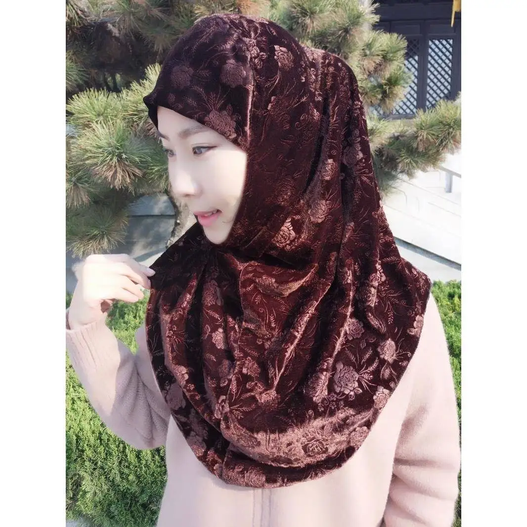 

Women Soft Velvet Printed One Piece Hijab Long Full Head Wrap Muslim Turban Islamic Headscarf Daily Wear