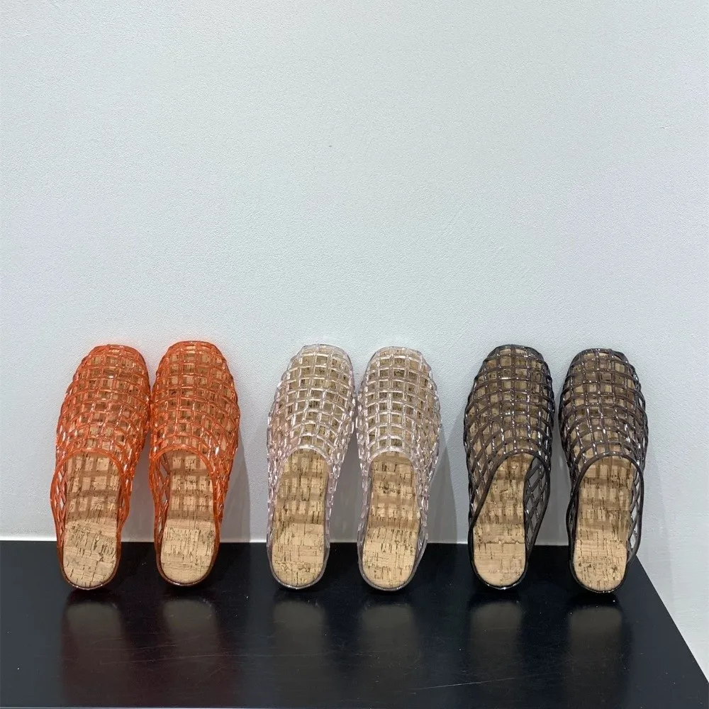 Round Toe PVC Crystal Slippers Non-Slip Soft Fishing Net Jelly Sandals Flat Low Bottom Transparent DIY Shoes Charms Shoes view 3