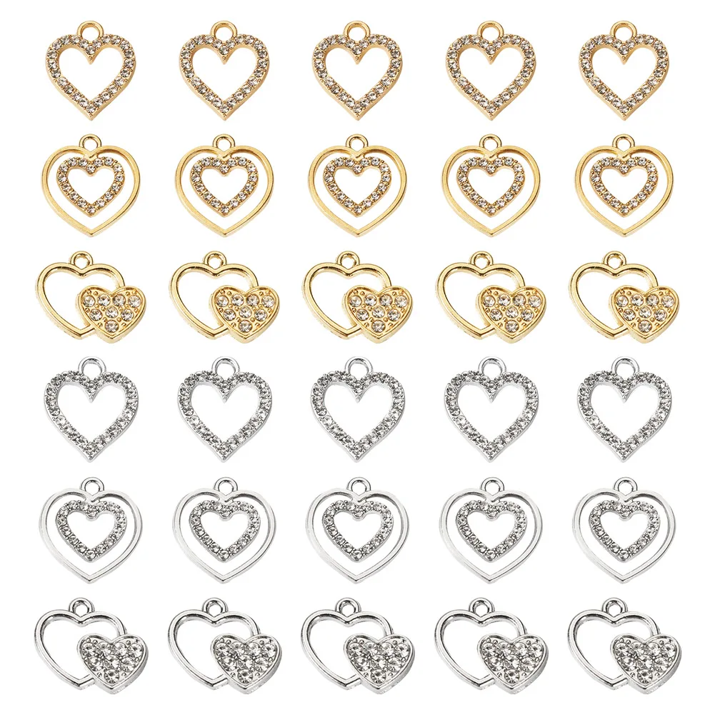 

60Pcs Rhinestones Inlaid Hollow Heart Charms for DIY Necklace Earring Wedding Jewelry Valentine's Day Gift