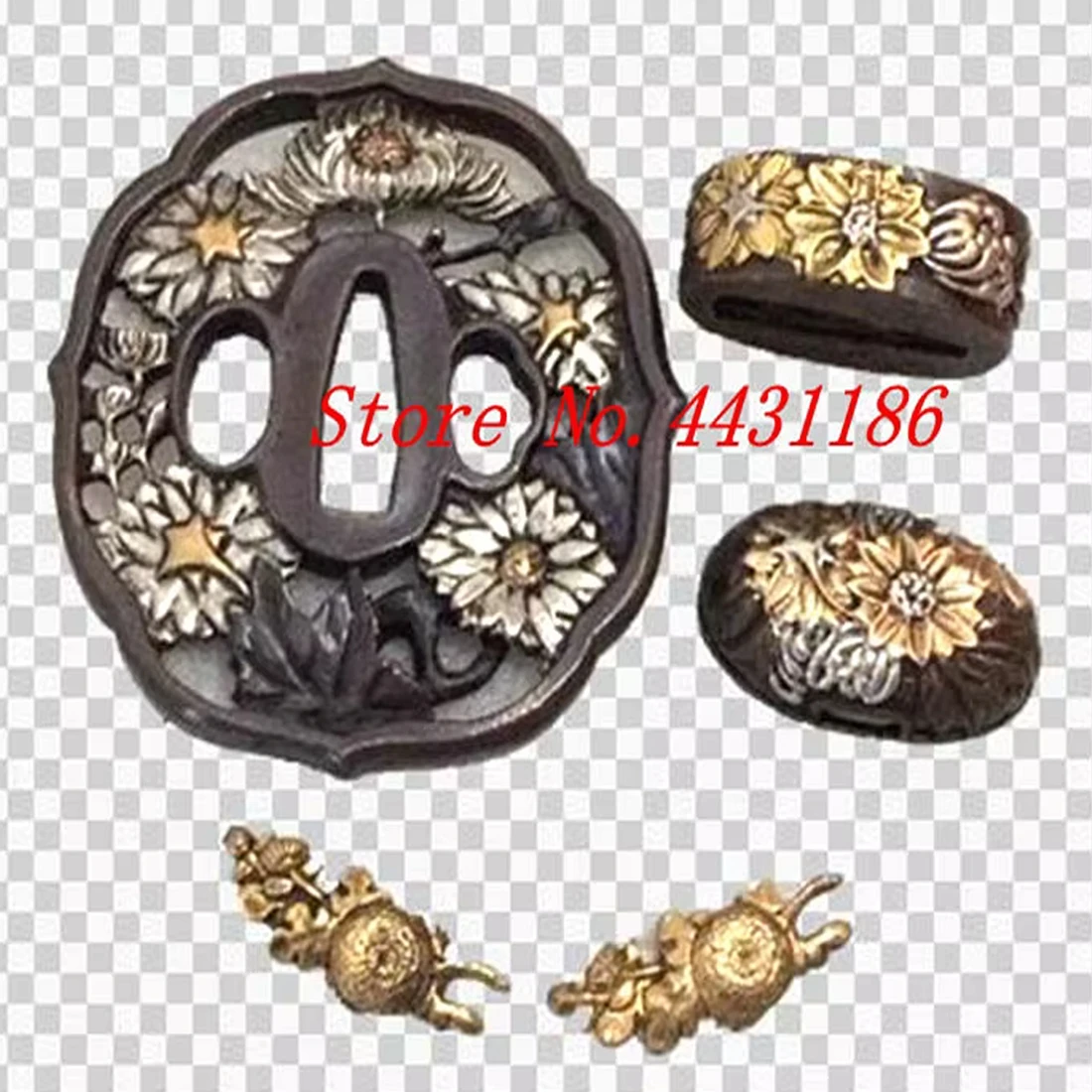 A Set Chrysanthemum Theme Tsuba Copper Guard Menuki Fuchi Kashira For Katana Wakizashi Japanese Sword Customized Set Fittings