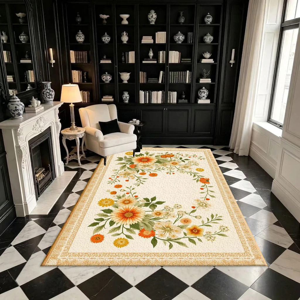 Vintage Yellow Orange Daisy Wreath Carpet Floor Decor Vintage Floral Border Print Square Rug Suitable for Entrance Decoration