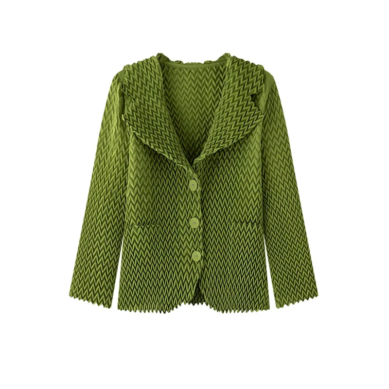 Miyake Pleated Simple Solid Color Wave Small Suit Casual Versatile Long Sleeved Short Jacket Women's 2025 Autumn New Style