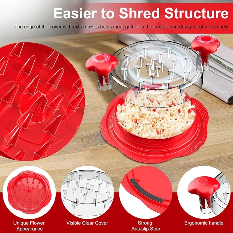 Chicken shredder tool twist with brush and fork, anti-slip strips, ergonomic handle, suitable for pork beef chicken