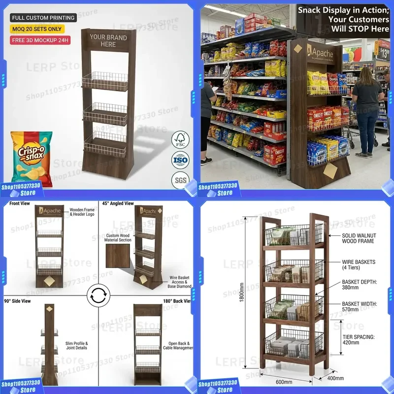 Custom Walnut Bread Display Rack Floor Standing Pastry Shelf for Bakery Food Snack Storage Stand Wooden Boutique Pet Supplies
