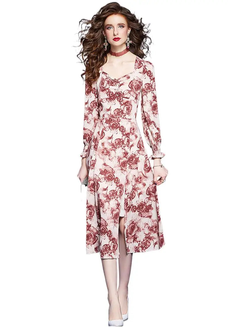 

Spring Women's Long Dress 2024 New French Floral Dress Romantic Square Collar Sexy Split Elegant Party Dress Mid-Calf Vestidos