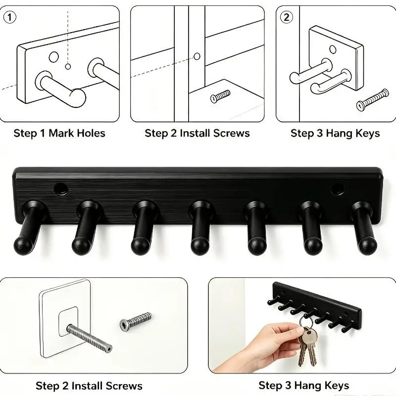 Wall Mounted Key Hook Rack Heavy Duty 7 Hooks Scratch Resistant Hanger for Entryway Home Garage Storage Use