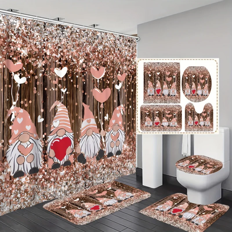 Pink Gnomes & Hearts Sequin Shower Curtain Set - Fade-Resistant Polyester Bathroom Decor with Hooks, Non-Slip Rug, U-Shaped Mat,