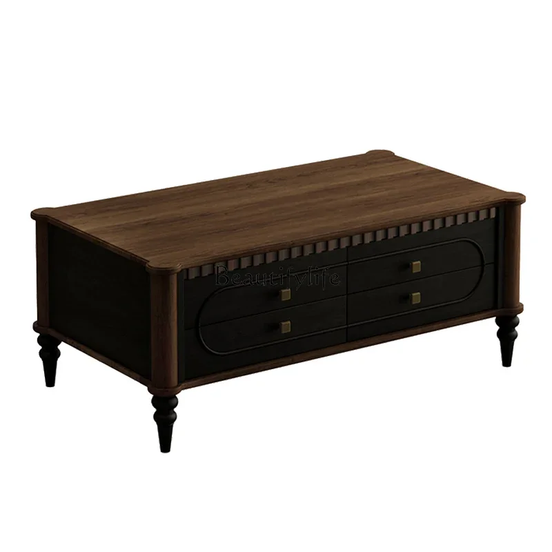 

LD33Medieval style pure solid wood coffee table American retro storage French color matching coffee table advanced sense