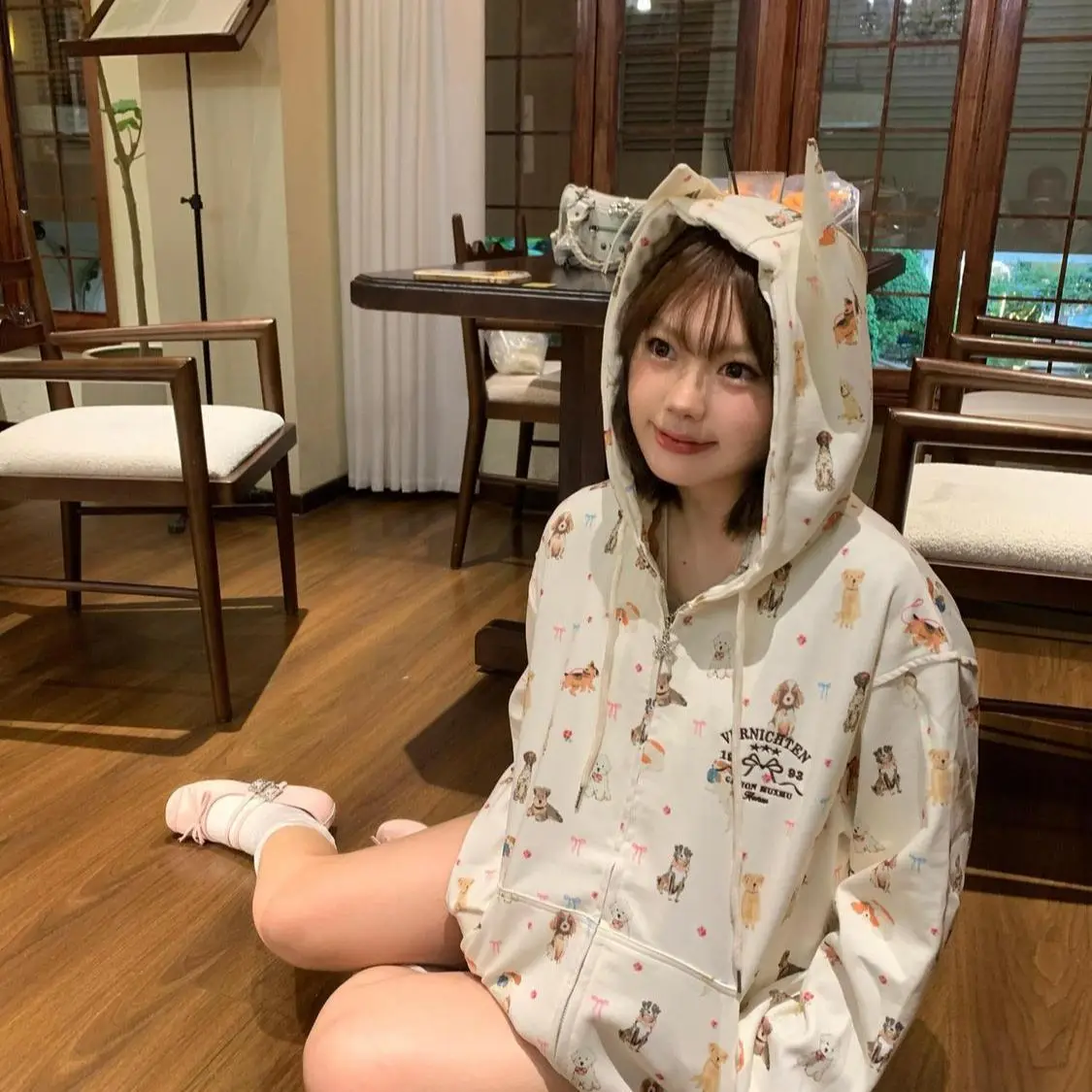 Chaquetas con capucha y cremallera Harajuku, sudaderas de gran tamaño, abrigos coreanos Y2K, lindo cachorro, perro, estampado completo, Tops de dibujos animados, dulce estilo Preppy