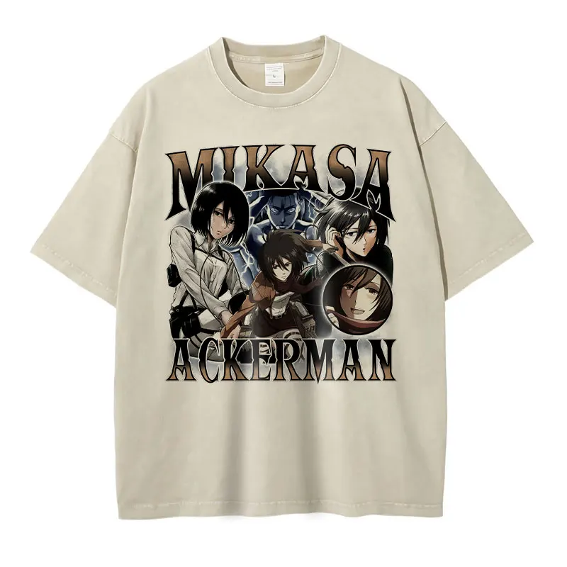 Mikasa Ackerman T Shirt Vintage Washed Anime T-shirts Eren Jaeger Streetwear Fashion y2k Manga Retro Tops Tees Man 100% Cotton