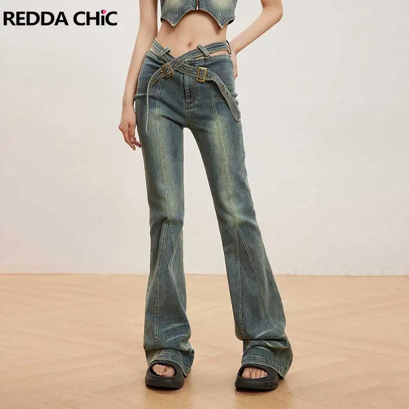 

REDDACHiC 90s Retro Belted Flare Jeans Women High Waist Slim Bell Bottoms Do Old Seamed Patchwork Bootcut Pants Y2k Streetwear