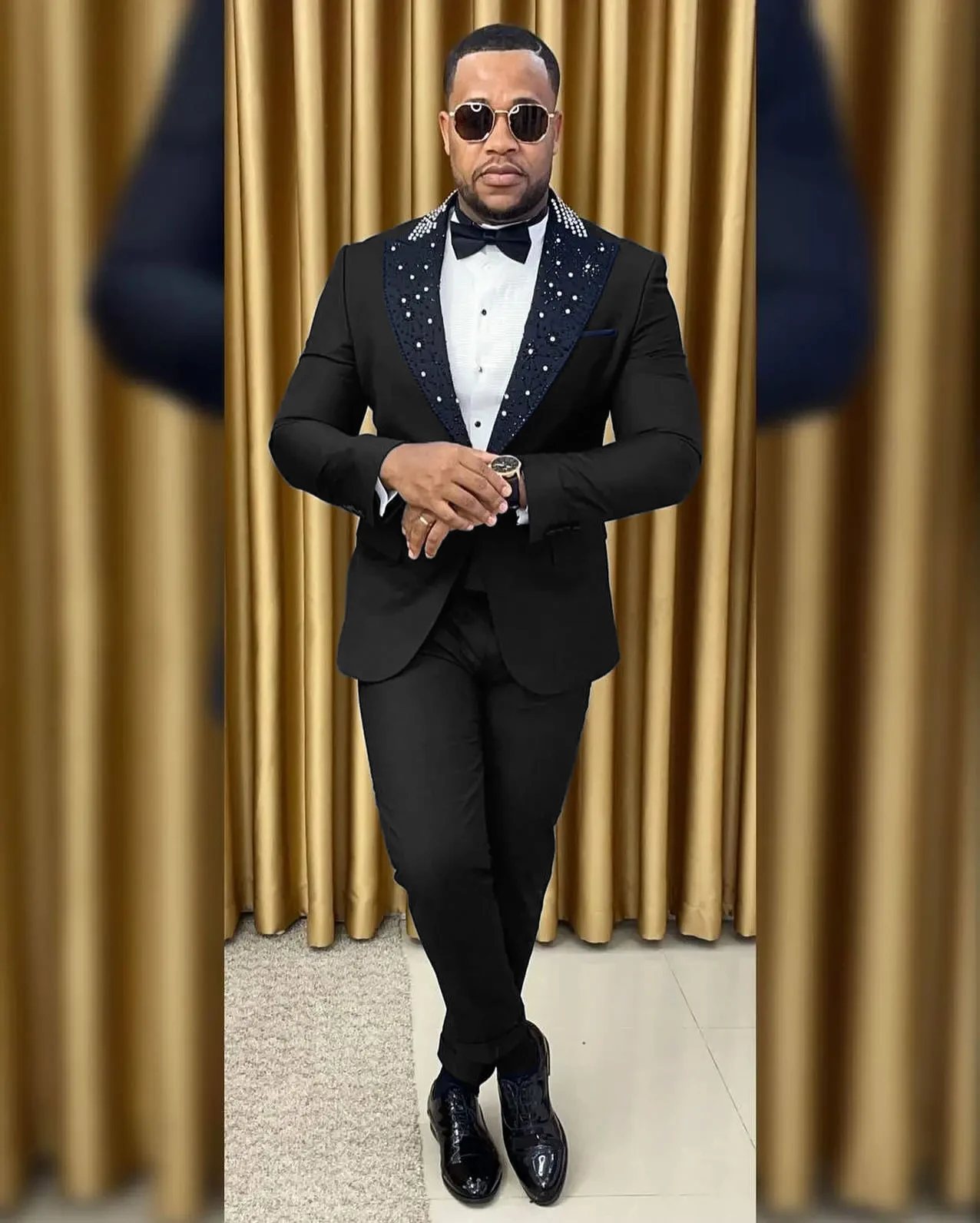 Abiti da sposa di lusso per uomo Smoking da sposo Abiti fatti a mano con risvolto in rilievo nero Set formale Prom Party 2 pezzi Abito 2025