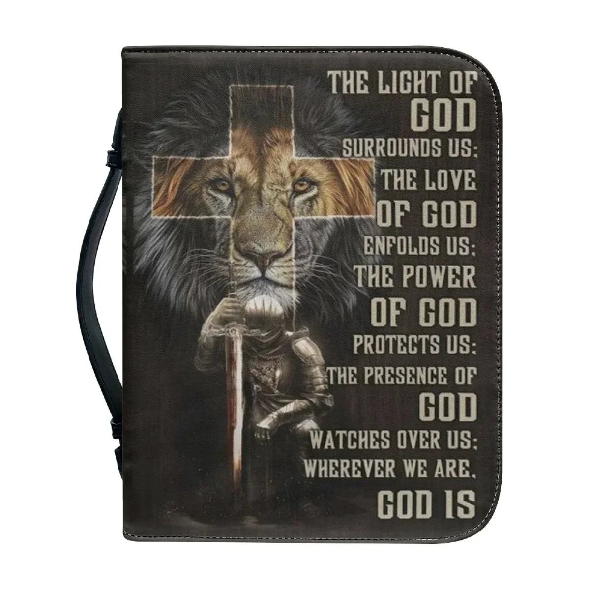 Classic Lion Bible Verse Sentence Print Bible Cover Case for Women Leather Zippered Handle Handbag Study Book Holy Storage Boxes