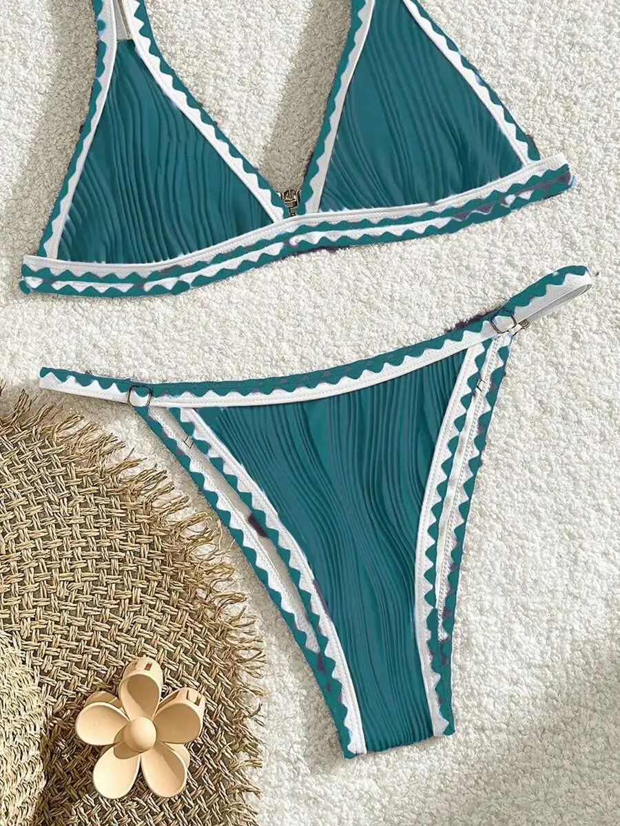 

Womens Pleated Triangle Bikini Set With Contrast Zigzag Trim High Elasticity Spaghetti Strap Beach Swimwear