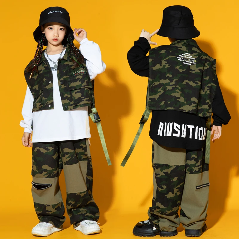 Bambini Kpop Streetwear Hip Hop abbigliamento Camo Vest Shirt top pantaloni Cargo per ragazze ragazzi Jazz Dance Costume adolescente che mostra vestiti