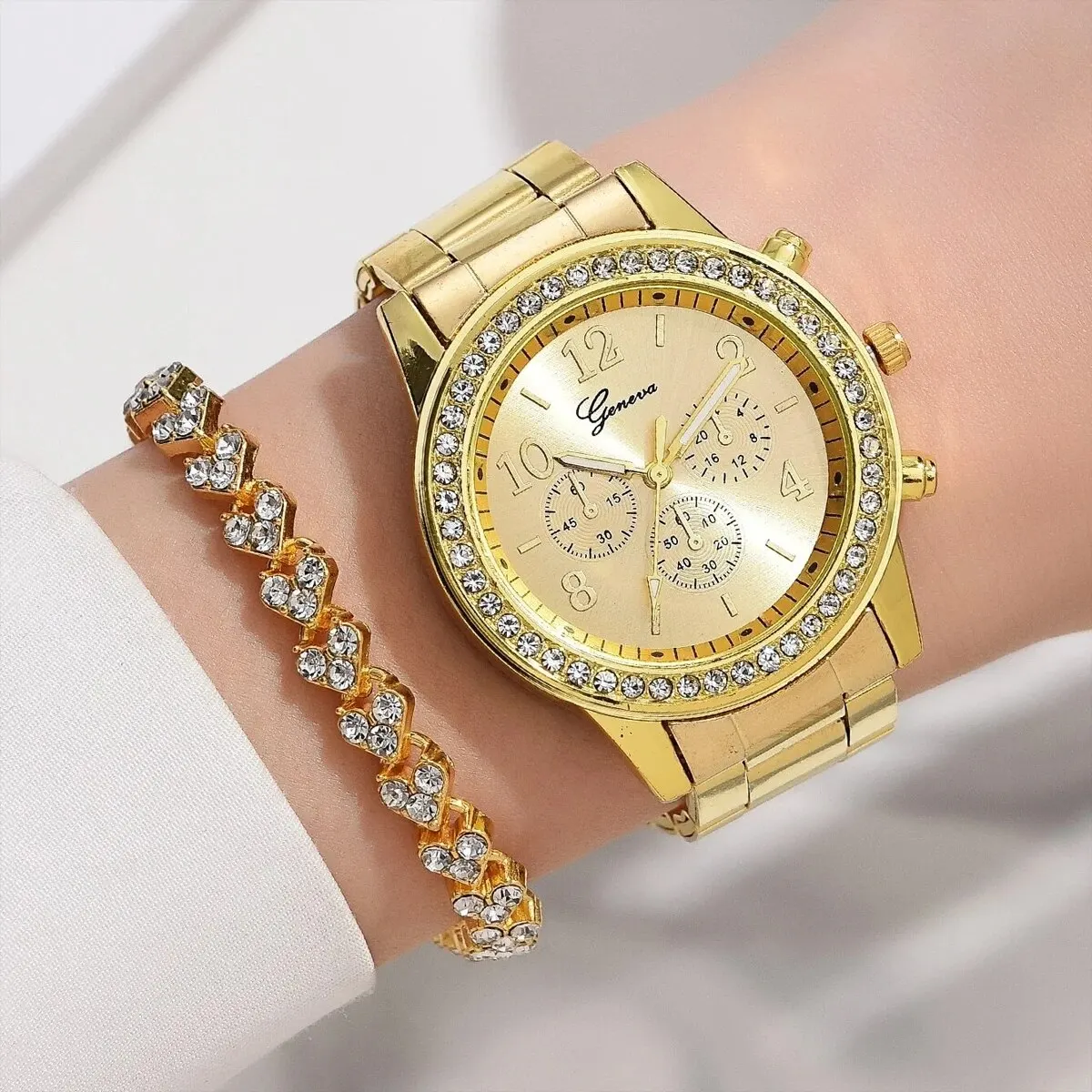 Alloy Girls Digital Analog Watch And Luxury Rhinestone Bracelet Set