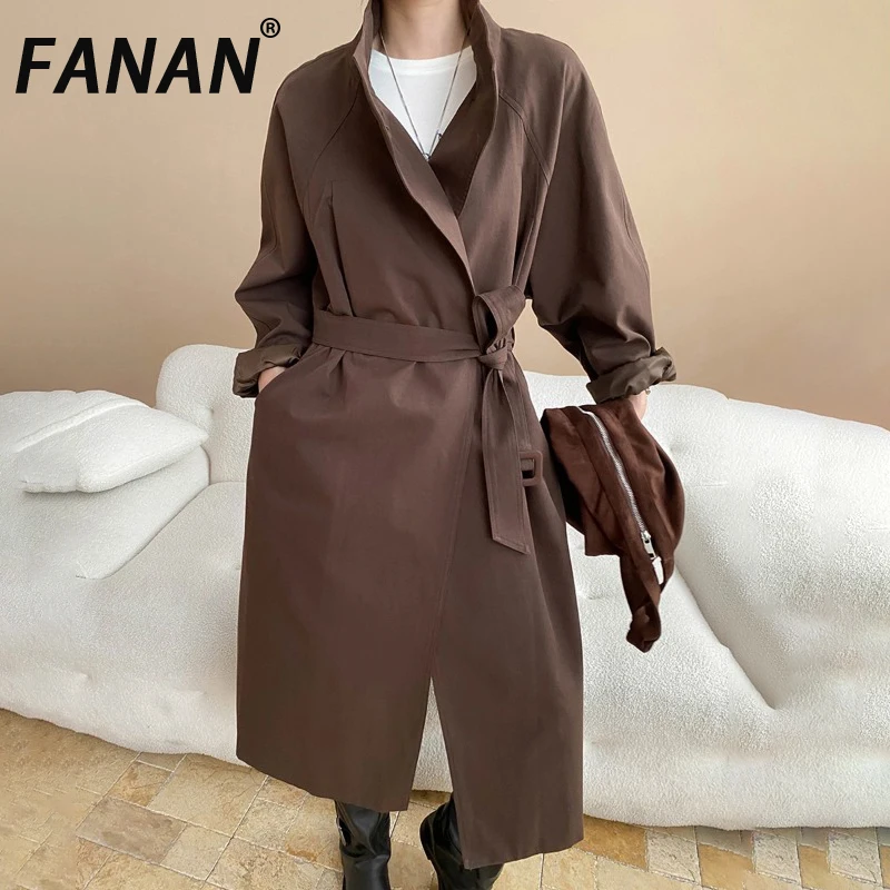 

FANAN Office Lady Stand Neck Trench Women's Irregular Single Button Belt Gathered Waist Windbreaker Female Coats 2025 Autumn New