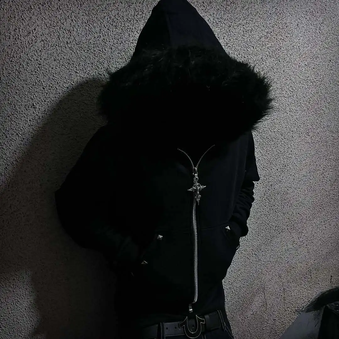 2026 Autumn Winter New Fur Collar Hat Zipper Hoodie Y2k Gothic High Street Hooded Jacket Men American Retro Punk Men's Clothing