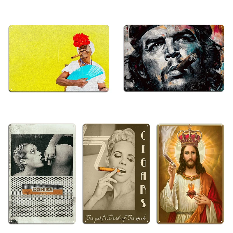 Cuban Cigar Smoker Jesus Religious Christian Art Portrait Vintage cigar lady Metal Wall Cave Rusty Designing Tin Sign Poster