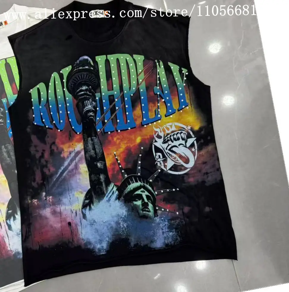 High-Quality Pure Cotton Sleeveless Tank Top T-Shirt with High-Definition Printing, Rhinestone Embellishments, Washed Vintage Style, Distressed Design, White Ink Direct Printing, Retro Fashion, Loose Fit, Casual High Street Niche Trend T-Shirt, Sleeveless, Men's