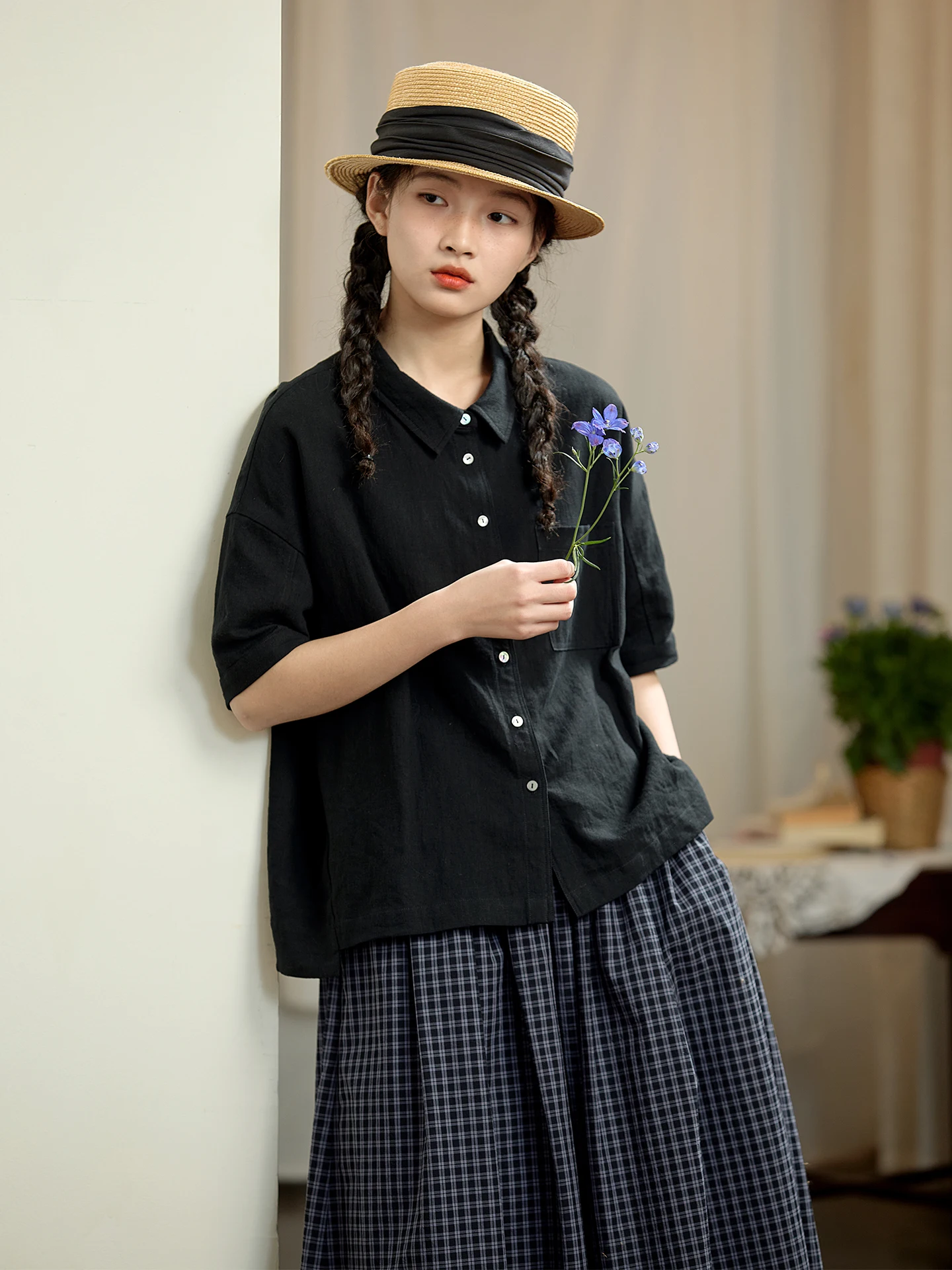

Black Linen Cotton Loose Short Sleeve Shirt Women's Summer Casual Top Original Japanese Style Versatile Flip Collar Shirt
