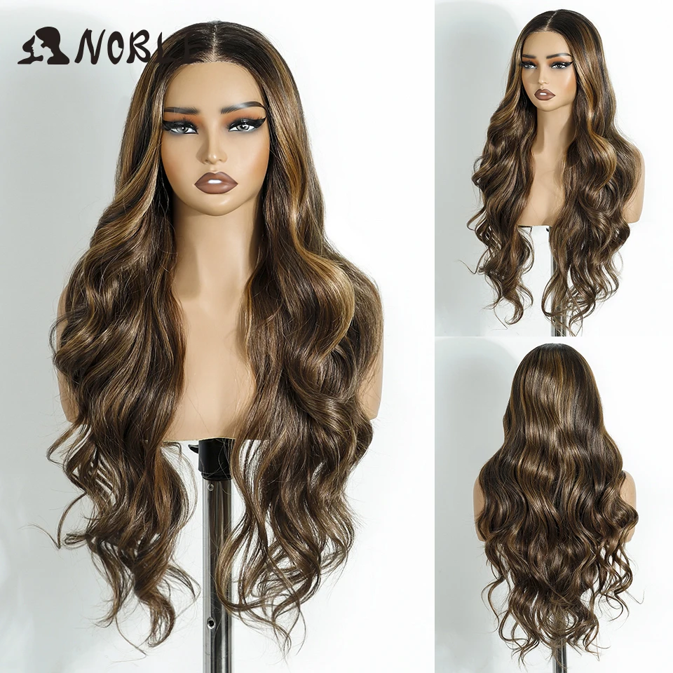 Noble Synthetic Lace Front Wigs For Woman Long Body Wave Wear and Go Glueless Wig Ombre Brown 6x4 Pre Plucked Pre Cut Lace Wig