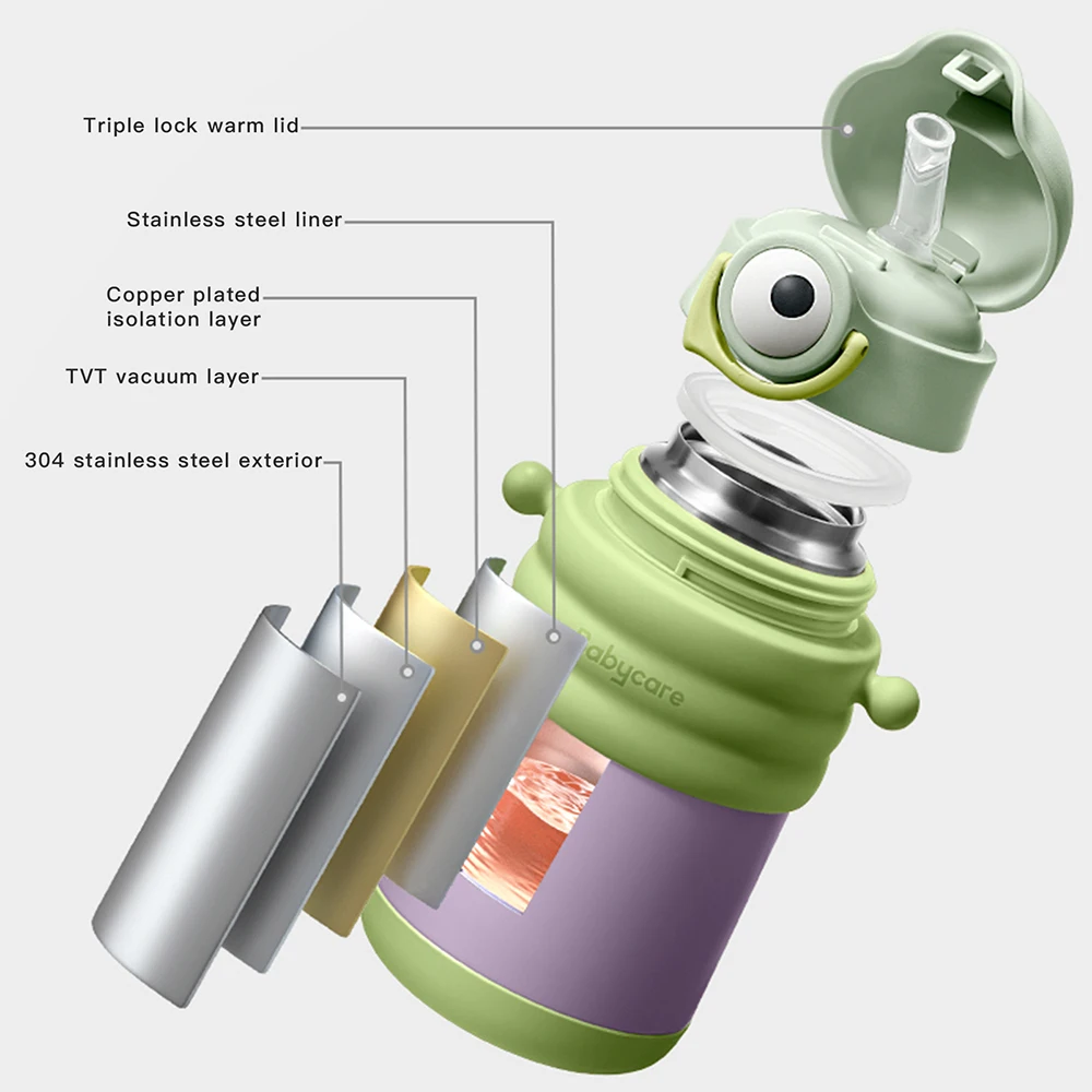 Bc Babycare-taza de agua al vacío de acero inoxidable, termo de agua fría y caliente, a prueba de fugas, Linda taza con aislamiento de paja para