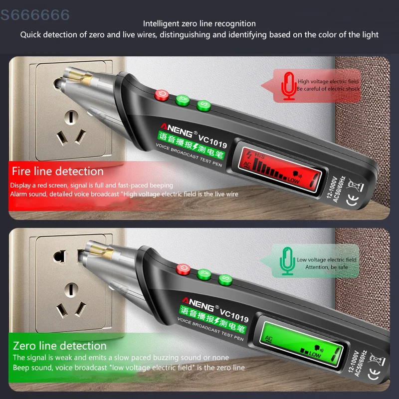 ANENG VC1019 Caneta Testadora de Tensão Sem Contato Transmissão de Voz Laser Vermelho detectar 12-1000V Volt Caneta de Corrente Ferramentas de Medidor de Teste Elétrico