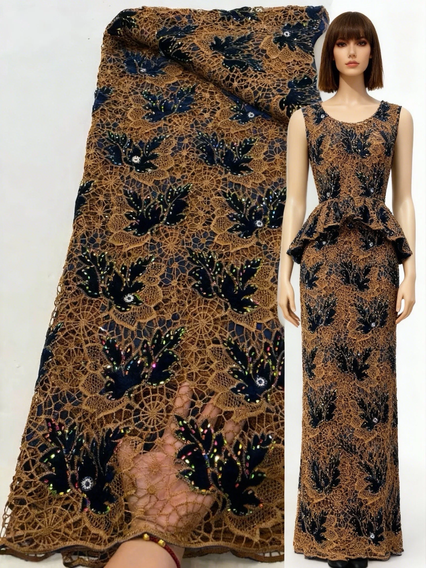 

Африканская бархатная кружевная ткань 2025 г., нигерийское кружево, 5 ярдов, сетчатая кружевная ткань с французскими камнями, женская ткань для шитья свадебного платья