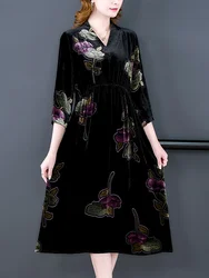 Women Korean Vintage Luxury Party Evening Dress Autumn Winter Black Velvet Floral Long Dress 2024 Elegant Bodycon Vestidos Prom