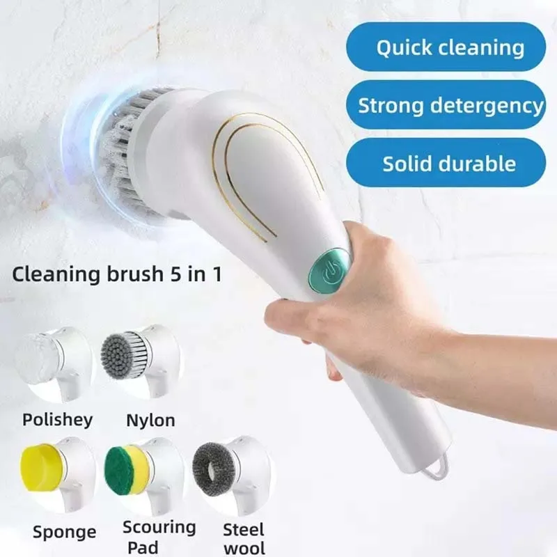 Multi-Function Kitchen Handheld Electric Cleaning Brush With 5 Replaceable Heads Electric Spin Scrubber For Household Cleaning