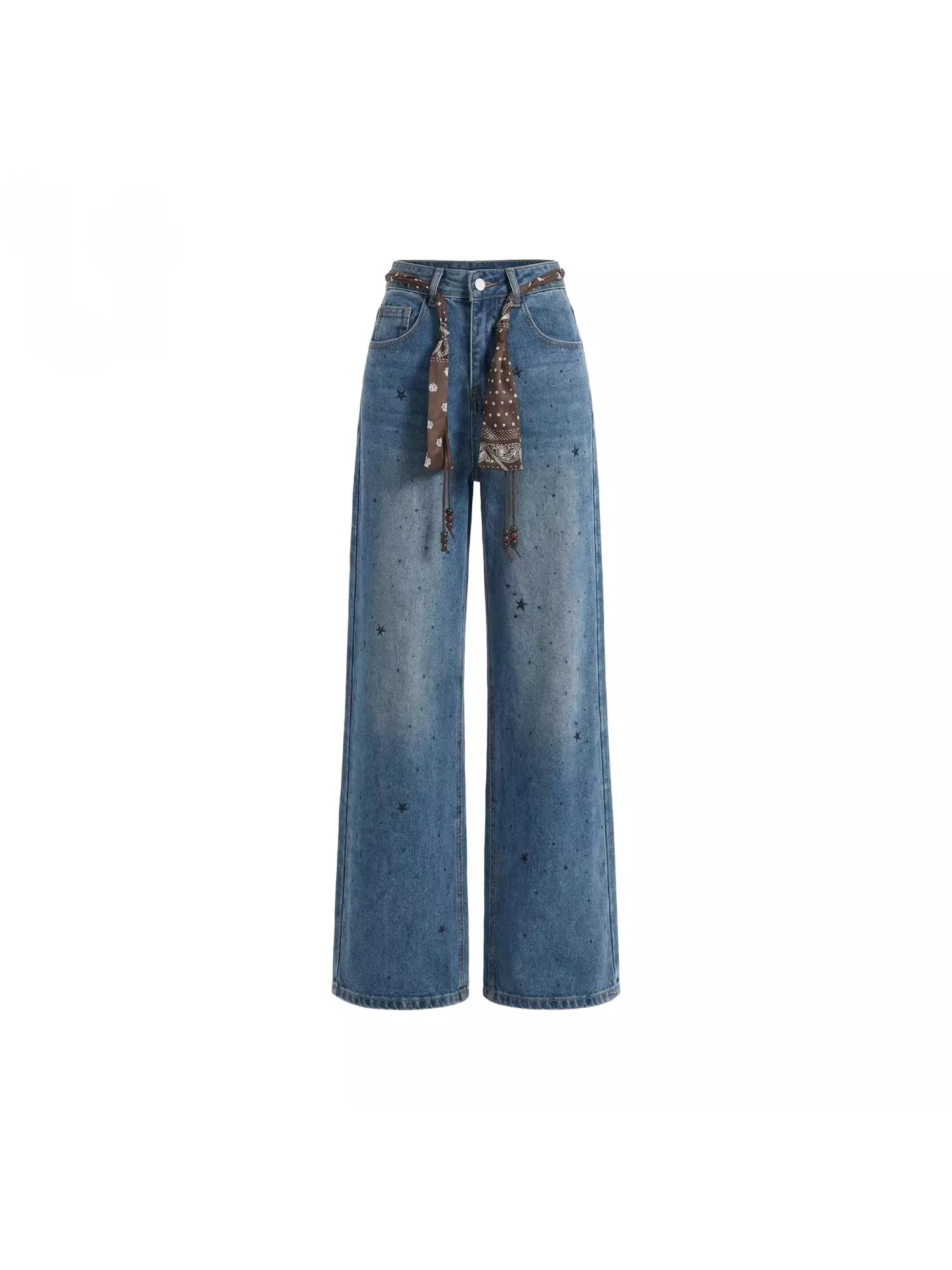 

Women's Straight Leg Glitter Denim Jeans Spring Summer High Waist Belted Wide Leg Pants Casual Sle High End Slimming