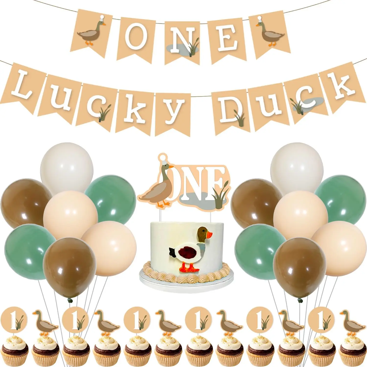 Joymemo 43Pcs Mallard Duck 1st Birthday Green Brown Latex Banner, Cake Cupcake Toppers  Balloons Party Decor Supplies