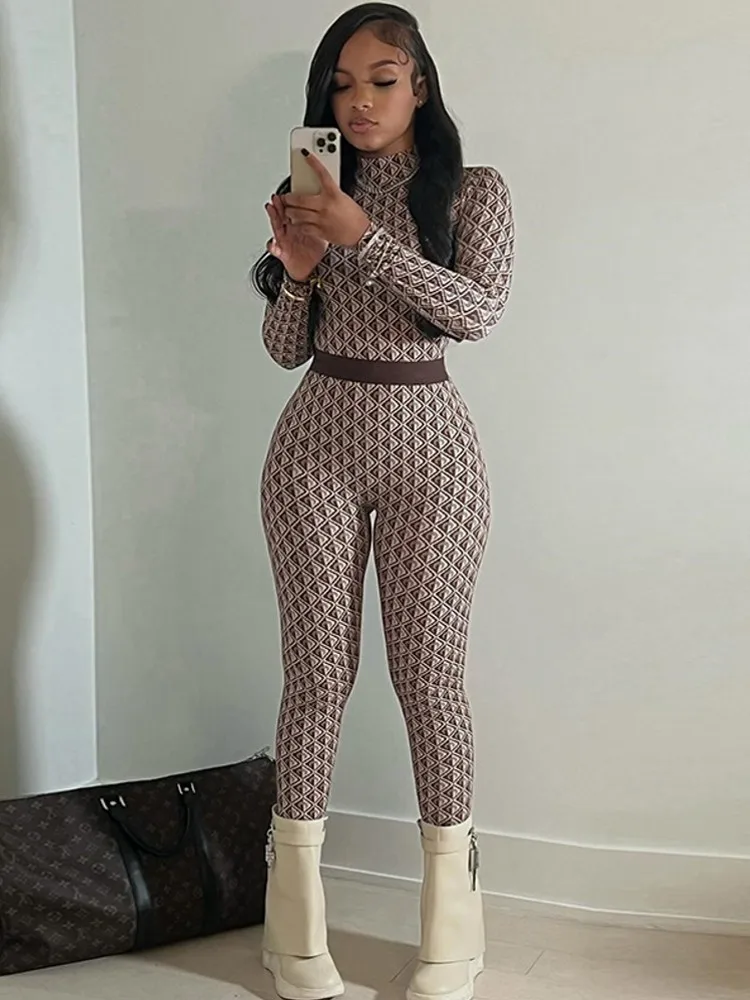 Damskie kombinezony z nadrukiem na wiosnę i lato, z długim rękawem, okrągłym dekoltem, luźne, modne, streetwearowe, spodnie typu ołówkowe, spodnie, 2026