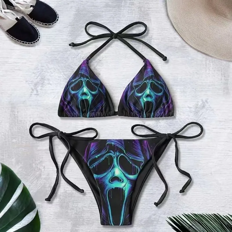 Gothic Skull Print Bikini Set Punk Dark Style Women Swimsuit Sexy Halter Bandage Two Piece Swimwear Summer Beach