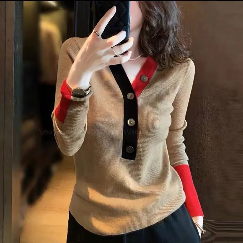 Vintage Autumn Winter V-Neck Patchwork Sweaters Women's Clothing Solid Color All-match Fashion Button Loose Knitted Jumpers 2024