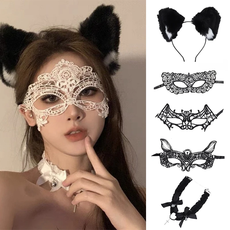 Cerceau de cheveux d'oreille de chat en peluche Anime, masque en dentelle pour les yeux, collier ras du cou, lapin sexy pour filles, cosplay de boîte de nuit, accessoires de costume de fête, 3 pièces