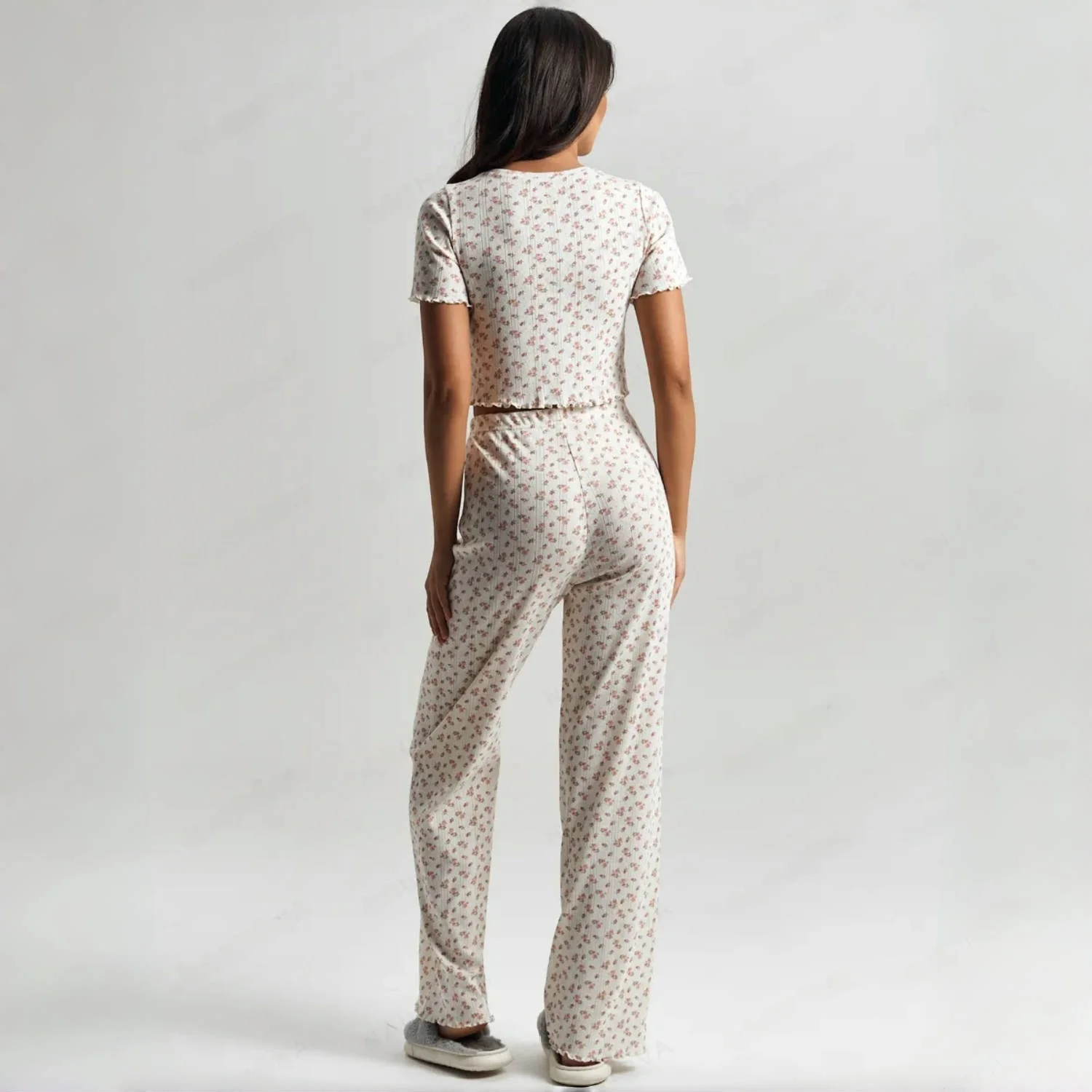 طقم ملابس نوم نسائي غير رسمي بأكمام قصيرة وسراويل طويلة مكون من قطعتين ملابس منزلية مريحة برقبة دائرية وأزرار عصرية #2