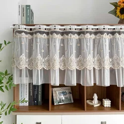 Rusitc Beige Embroidered Tulle Lace Short Valance Curtain for Kitchen Cabinet Sheer Voile Small Window Vintage Farmhouse Decor
