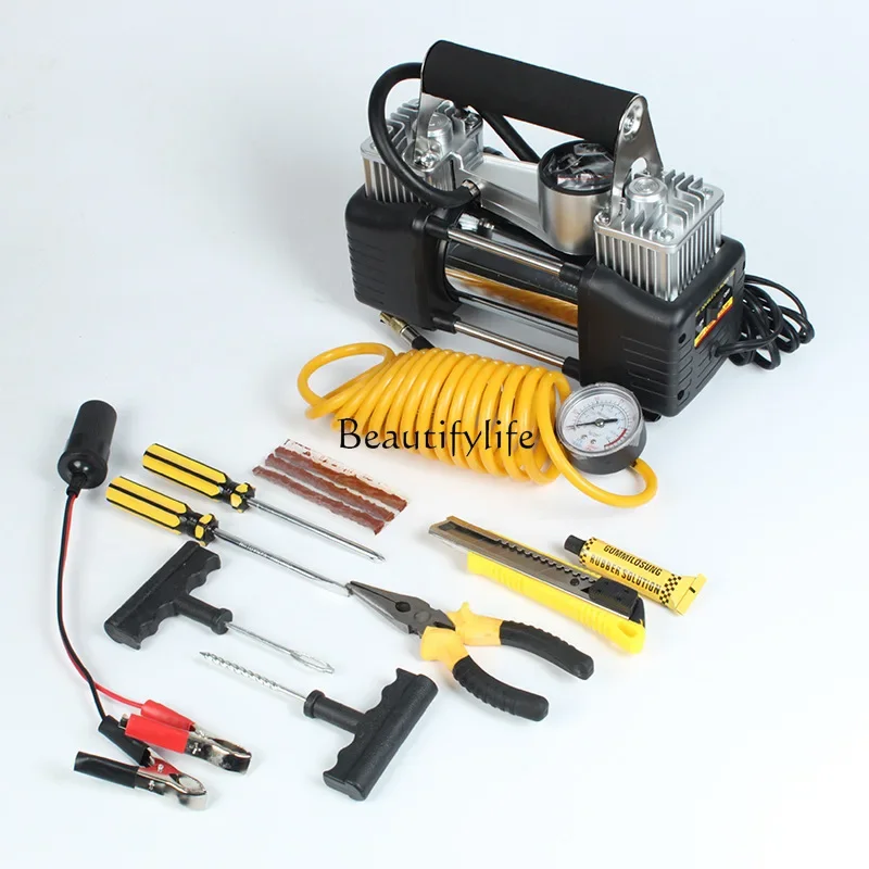 Multifunctional tire double-cylinder 12V high-power portable air pump for automobiles