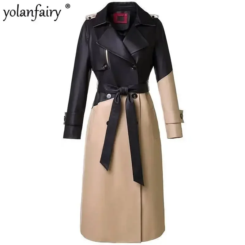 YOLANFAIRY Women's Genuine Leather Jacket Autumn Contrast Color Mid-length Leather Coats Fashion Belt Real Sheepskin Coat Woman