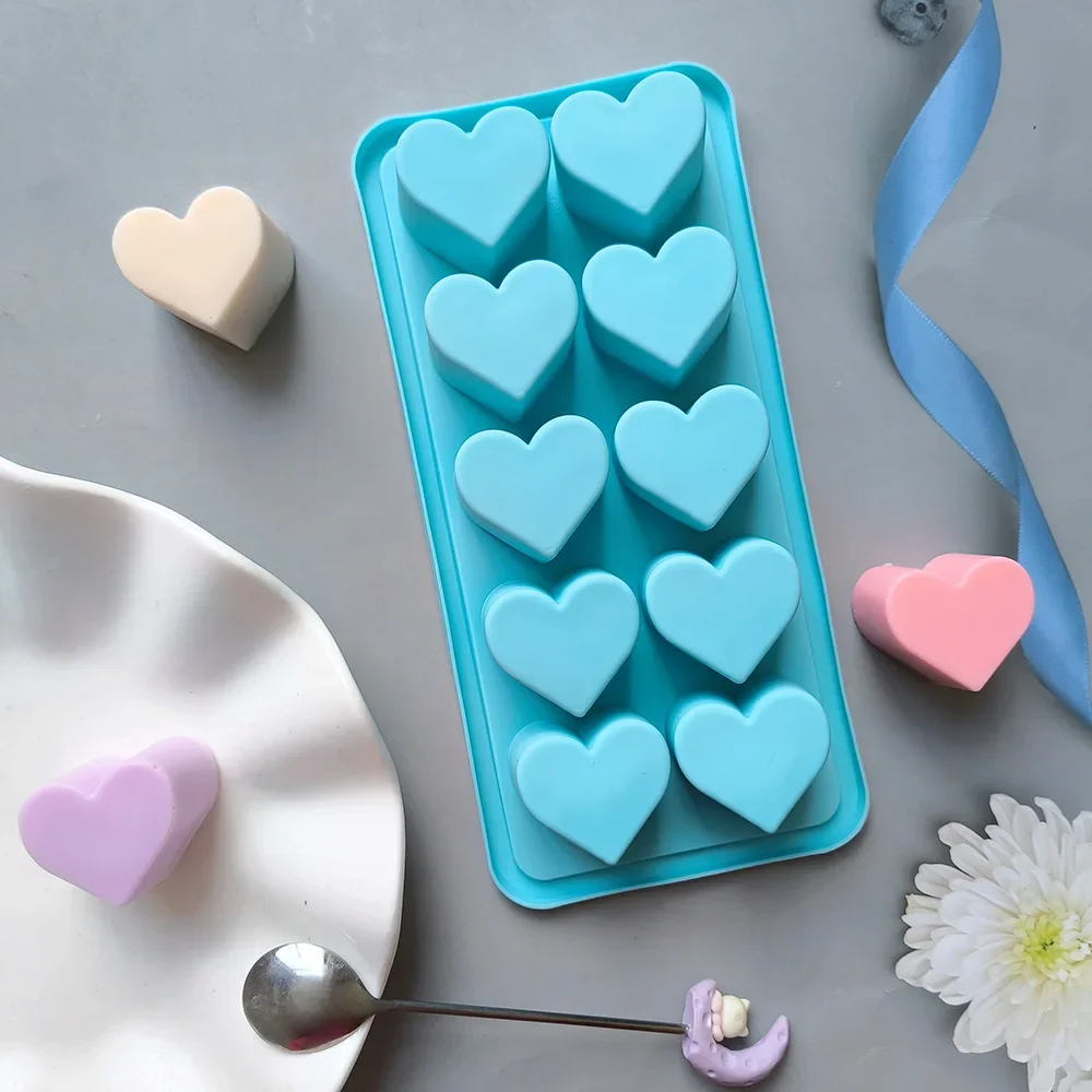 10 Holes Heart Chocolate Silicone Molds Colorful Love Shape Jelly Biscuit Baking Tray Easy Demold Scented Candles Wedding Decor