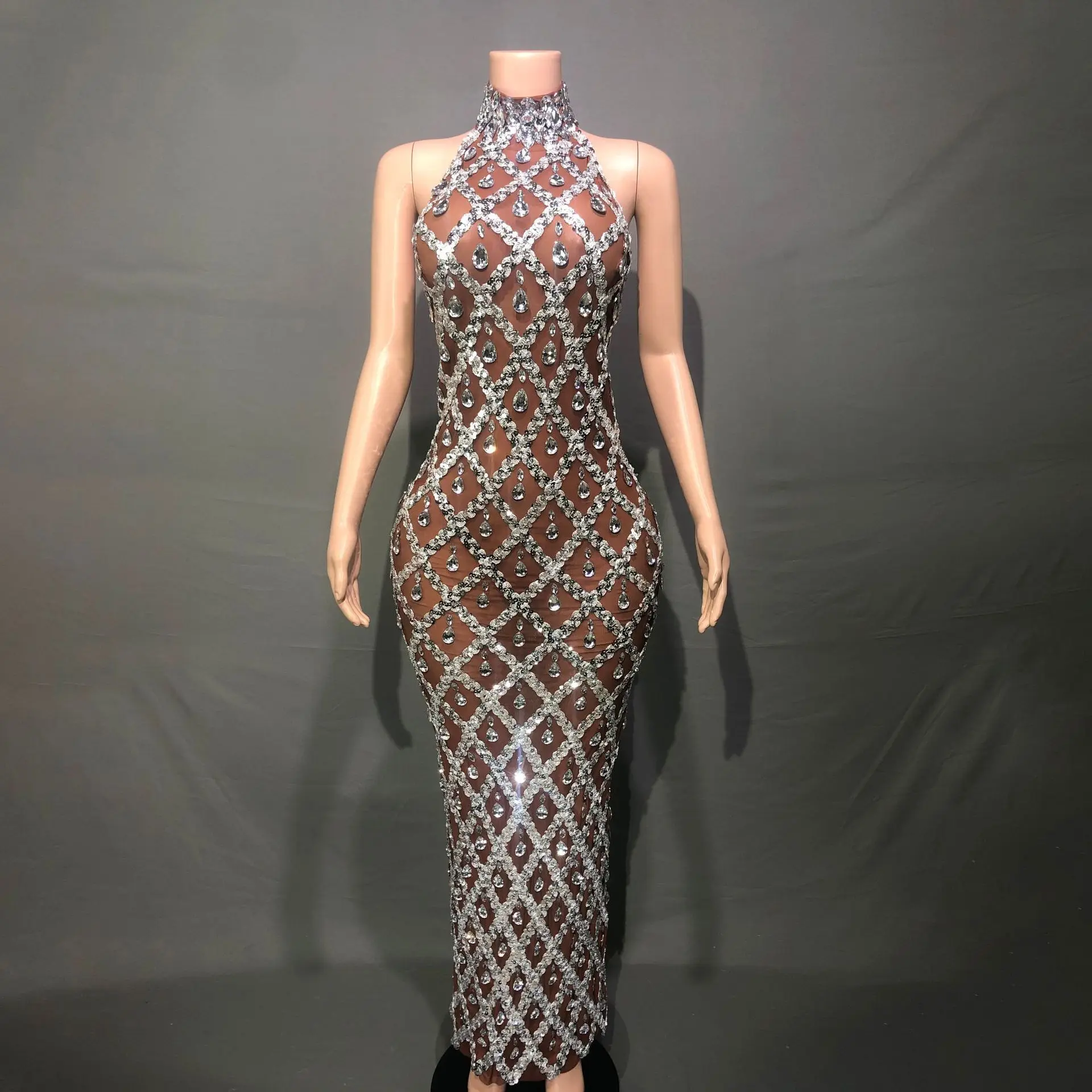 19 Colors Sexy Perspective Backless Beaded Shining Water Diamond Long Dress Carnival Party Evening Dress Performance Costume