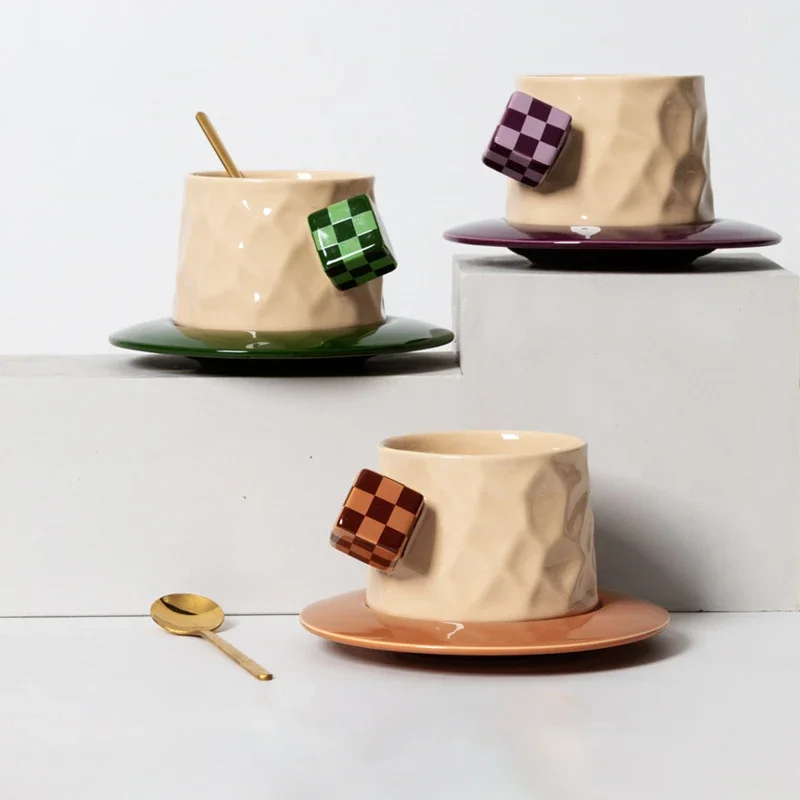 Ceramic Coffee Cup and Saucer Set with Cube Checkered Handle Irregular Embossed Cup Retro Home Mug Drinking Utensils
