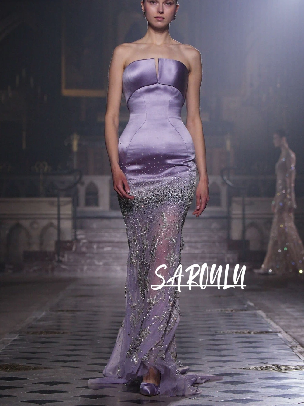 

Purple Mermaid Strapless Evening Dress Sparkly Rhinestones Beaded Sheer Prom Gown Customized Fashionable Sleeveless Gala Wear